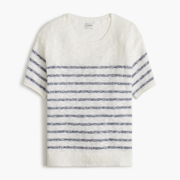 New JCREW Size L Striped Short-Sleeve Relaxed Beach Sweater White Navy $69 CJ218 - Picture 1 of 3